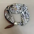 Elegant leopard print silk necktie scarf featuring a large pearl accent accessory - Red Brown Leopard / 47cm