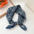 Vintage paisley print square neckerchief in grey and navy blue for women. - Nepal Retro Navy Paisley