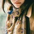 Vintage bohemian floral printed cotton linen shawl scarf for women in khaki color - Forest Floral Style
