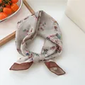 Vintage floral square silk scarf hair band neck kerchief in beige with brown border - Khaki Lily Pattern