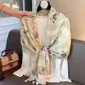 Bohemian vacation style floral print sunscreen shawl with elegant white fringe. - Light Green Flower