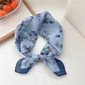 Elegant light blue floral square scarf with vintage artistic print and dark blue border - Blue Lily Pattern