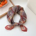 Elegant vintage checkered square silk scarf with colorful plaid pattern for women - Korean Coffee Plaid