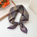 Elegant retro plaid patterned small square neck scarf for women in purple and yellow tones. - Korean Purple Plaid
