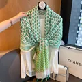 Bohemian style green and white patterned sun protection shawl with tassels for women - Avocado Green