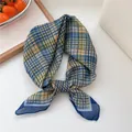 Elegant blue and green plaid silk-like square scarf perfect for hair and neck styling - Korean Blue Yellow Plaid
