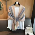Bohemian stripe sun protection shawl with tassel detail for women's holiday wear. - Striped Grid
