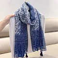 Blue and white Bohemian print sun protection shawl with tassel detail for women - Blue and White Paisley