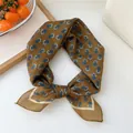Vintage brown square silk scarf with blue floral pattern for neck or hair. - Literary Brown Floral
