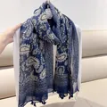 Elegant Bohemian paisley print blue sun-protective shawl wrap with decorative tassel trim - Navy Blue Paisley