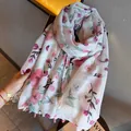 Bohemian floral print sunscreen shawl for women with pink blossoms and tassel trim detail - Spring Peach Blossom