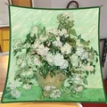 Elegant Van Gogh "Roses" oil painting printed silk square scarf, 90cm vintage fashion wrap. - Large Square / White Rose Pendant