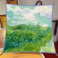 Elegant 90cm square silk scarf with a classic Van Gogh oil painting landscape print - 90*90cm / Large Square / Green Wheat Field