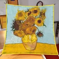 Elegant 90cm square silk scarf featuring a vibrant Van Gogh Sunflowers oil painting print - 90x90cm / Van Gogh - Sunflowers in a Vase