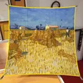 Van Gogh oil painting silk scarf with Harvest in Provence print and yellow border - 90x90cm / Van Gogh - Harvest in Provence