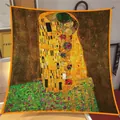 Premium square silk scarf featuring Klimt's The Kiss masterpiece with orange borders - 90x90cm / Klimt - The Kiss