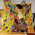 Elegant 90cm silk square scarf featuring Gustav Klimt Lady with a Fan oil painting print - Large Square / Klimt - Lady with a Fan