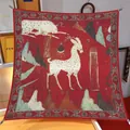 Premium vintage art style 90cm silk square scarf featuring deer pattern on vibrant red background - Large Square / Dunhuang - Nine-Colored Deer