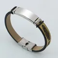 Modisches Armband aus Edelstahl und Leder mit Federblattmuster für Damen und Herren - Braun