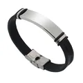 Elegantes Armband aus Edelstahl und schwarzem Leder mit Blattmuster und Gravurplatte - Schwarz