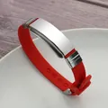 Adjustable red silicone sports bracelet with a polished stainless steel plate for DIY engraving - Red