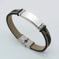 Armband aus poliertem Edelstahl und Leder mit Federmuster - Grau