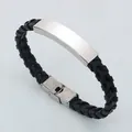 Geflochtenes schwarzes Lederarmband mit polierter Edelstahl-ID-Platte für Herren Damen - Schwarz