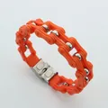 Trendy 14mm orange silicone bicycle chain bracelet for hip hop style with stainless steel clasp. - Orange