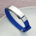 Adjustable blue silicone sport bracelet with engravable stainless steel plate SKU - Sapphire Blue