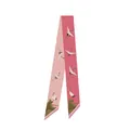 Detail of narrow pink silk scarf featuring traditional Chinese crane and pavilion prints - Auspicious Cranes - Pink / 130cm/Pack