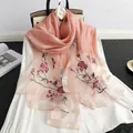 High-end silk wool scarf featuring elegant rose embroidery and delicate beaded design - Pink