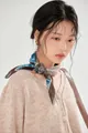 Model styling a French vintage paisley printed cotton square scarf for spring season - Coffee Paisley / 58*58cm