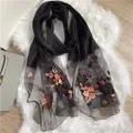 Elegant black silk wool scarf featuring begonia flower embroidery and beadwork details - 70-180CM / Black