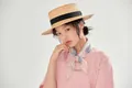 Elegant French vintage style printed cotton square neck scarf with soft pink and blue pattern - Beige Sun / 58*58cm