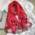 Elegant red silk wool scarf featuring begonia flower embroidery and beadwork detail. - 70-180CM / China Red