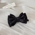 Elegant French style black polka dot bow hair comb clip for hair styling and accessories - Bow Banana Clip / Black Polka Dot