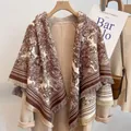 Elegant toile de jouy patterned large shawl wrap with fringes for office and travel - 128x122cm / Tan