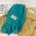 Detail view of soft teal cashmere-like scarf with fringe and Anderson label. - 38-180cm / Malachite green