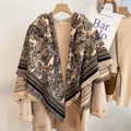 Elegant Toile de Jouy pattern shawl with fringed edges in cream and black - 128x122cm / Black Camel