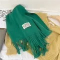 Elegant forest green solid color imitation cashmere winter scarf with fringe details - 38-180cm / Green