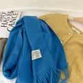 Elegant soft blue solid color cashmere-like scarf with stylish fringe tassels for winter - 38-180cm / Blue