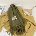 Cozy olive green solid color fringed cashmere-like scarf for stylish autumn and winter - 38-180cm / Army Green
