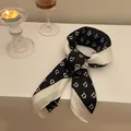 Elegant black and white monogram silk scarf for women, vintage square neckerchief - 70x70cm / Black D