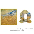 Van Gogh Wheat Field 53cm square silk scarf with elegant twill texture and vibrant art print - Van Gogh - Wheatfield with Reaper at Sunrise / 53cm x 53cm