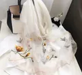 Elegant off-white silk scarf with delicate floral and butterfly embroidery motifs - 180x90cm / White