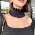 Fashionable black knitted neck gaiter for women with stylish ruffled edges design - 9*13cm / Black