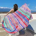 Back view of a vibrant ethnic-patterned shawl held by a woman against a clear blue sky. - Style 118