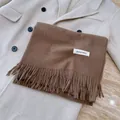 Premium brown winter shawl with soft texture, decorative tassels and brand label - Tassel Solid Color (300g) / 194cmx69cm / Mocha Brown