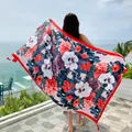 Large pink floral print beach shawl with red tassels for sun protection - L275