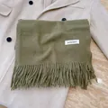 Soft olive green winter scarf with tassels and decorative brand tag - Army Green